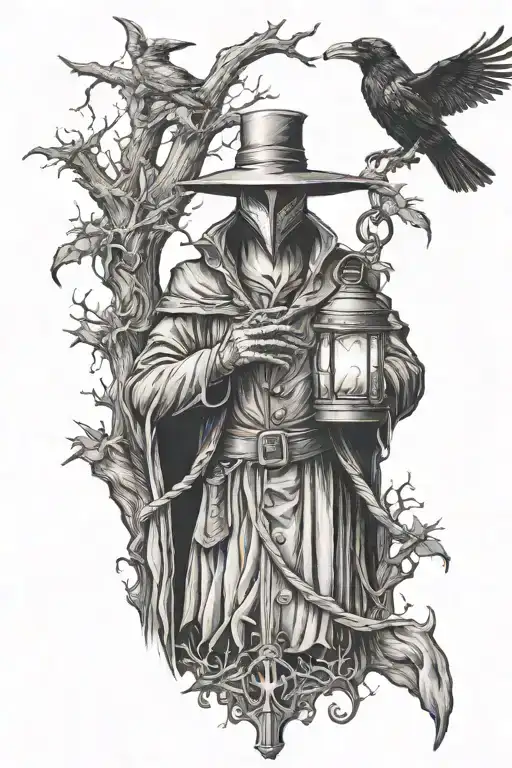 plague doctor holding a lantern in graveyard with raven tattoo design idea