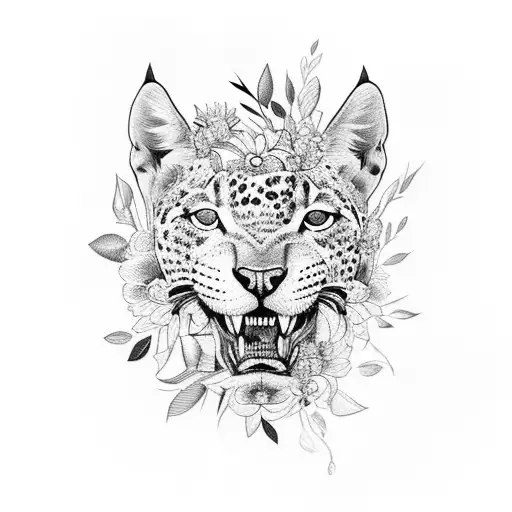 A bouquet of wildflowers surrounding a jaguar's face tattoo design idea