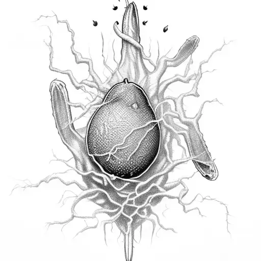 An avocado with spider legs and lightning-shaped seeds tattoo design idea