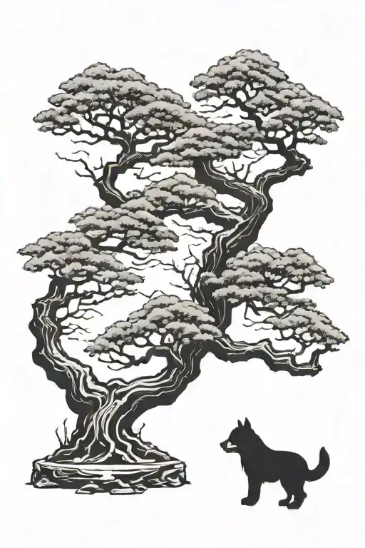 Japanese Ink style Bonsai with Judo-Elements, a dog and Samurai-Elements tattoo design idea