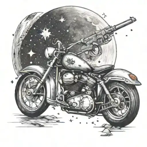 A realistic depiction of a motorcycle and gun, with the moon and constellation of Leo in the night sky as a backdrop tattoo design idea