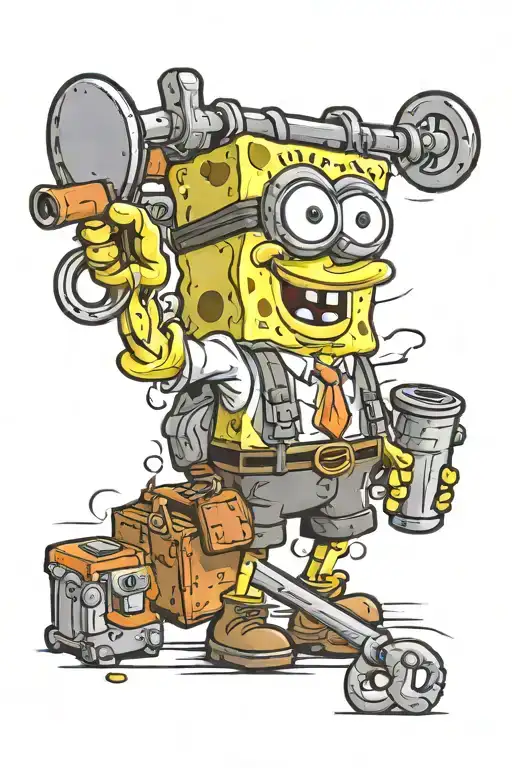 Warehouse worker with Spongebob themed tools and equipment tattoo design idea