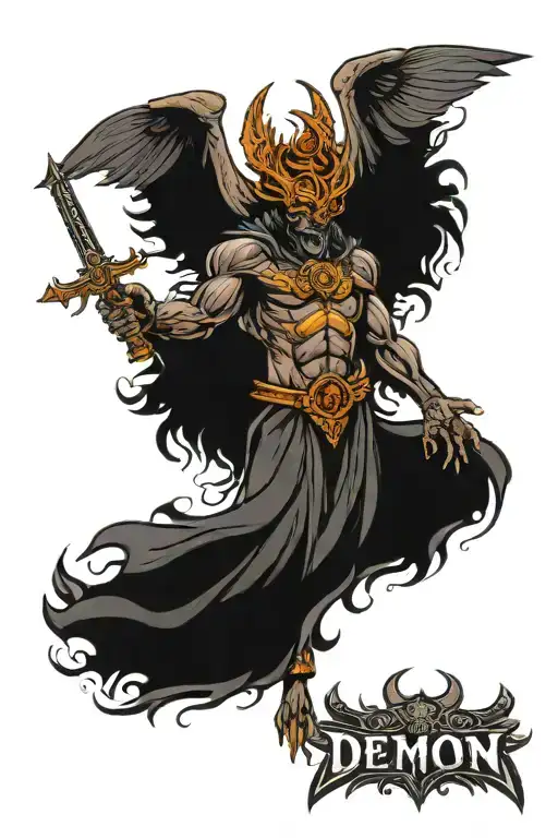 demon god with crown and wings spread wide open wings holding weapon tattoo design idea