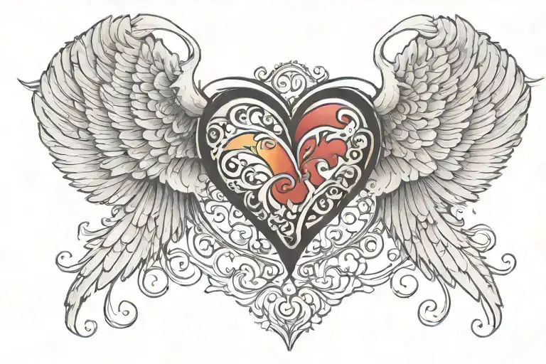 heart and angel wings spread tattoo design idea