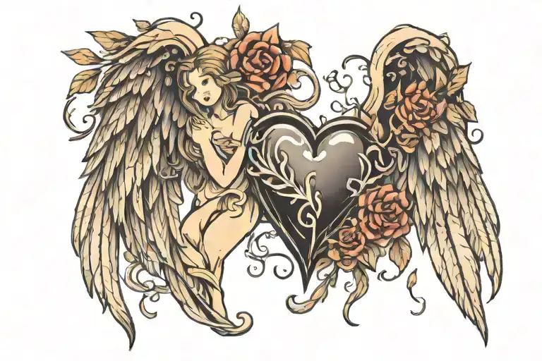 heart and angel wings wide dark forest tattoo design idea