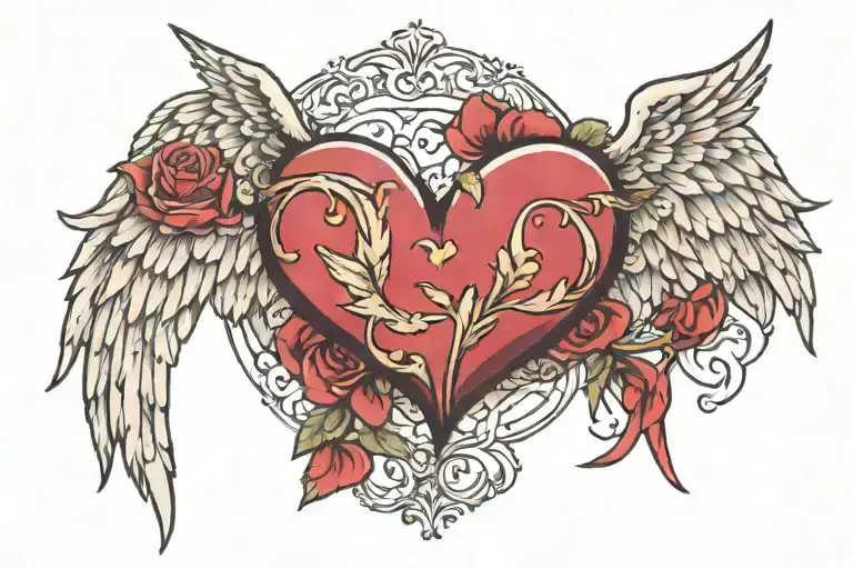 rememberance heart and angel wings spread tattoo design idea