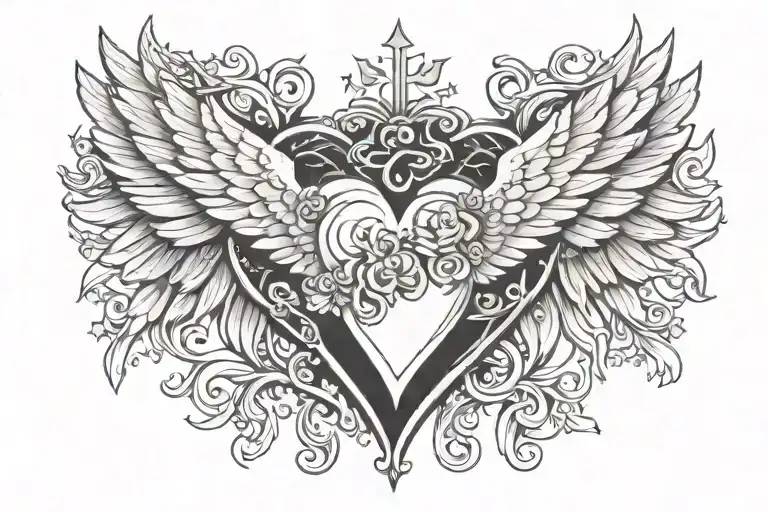 heart and angel wings spread wide tattoo design idea