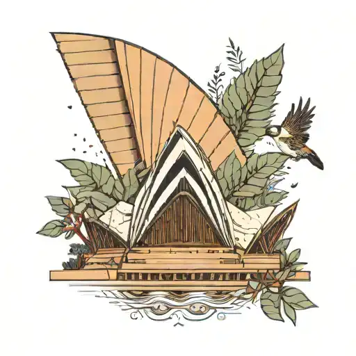 Sydney opera house surrounded by eucalyptus trees and a kookaburra tattoo design idea