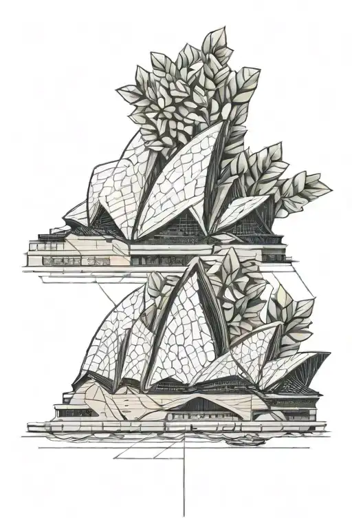 sydney opera house and eucalyptus leaves tattoo design idea