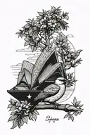 Sydney opera house surrounded by eucalyptus trees and a kookaburra tattoo design idea