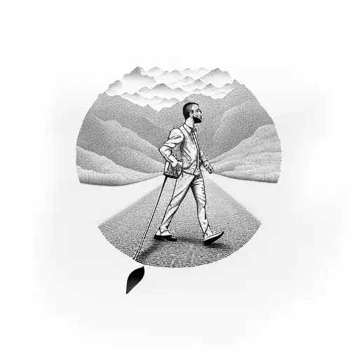 guy walking down road looking at a fork in the road, make it inspiring with the words stay hungry stay focused sleeve tattoo design idea