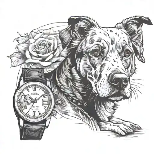 A sketch style portrait of your beloved dog wearing a luxury watch, showcasing your favorite things in a unique and artistic way tattoo design idea