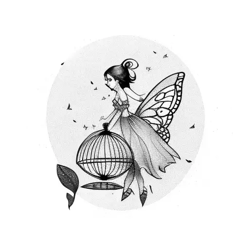 fairy stepping out of a bird cage tattoo design idea