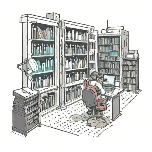 A cyberpunk-inspired library scene with futuristic technology and neon lights tattoo design idea