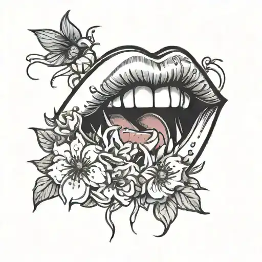 sexy juicy red lips with tongue licking lips surrounded by flowers for a shoulder tattoo tattoo design idea