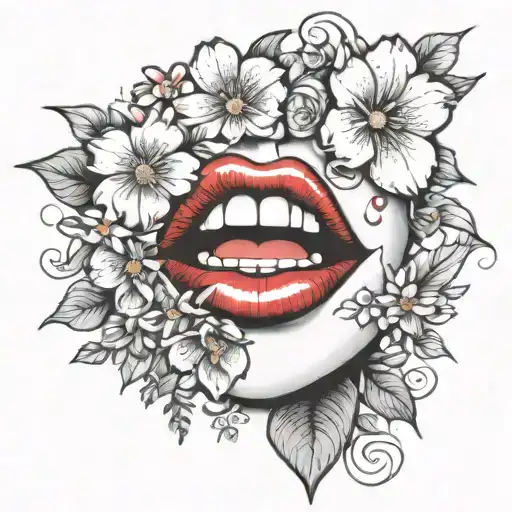 sexy juicy red lips with tongue licking lips surrounded by flowers for a shoulder tattoo tattoo design idea