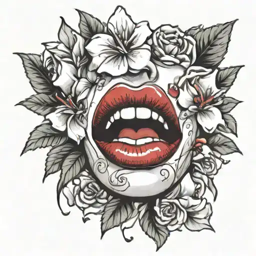 sexy juicy red lips with tongue sticking out surrounded by flowers for a shoulder tattoo tattoo design idea