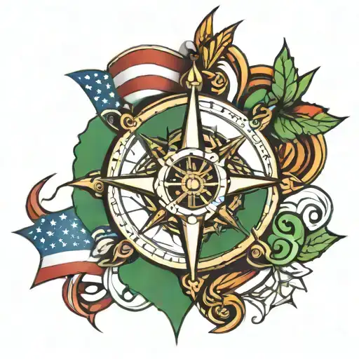 compass rose intertwined with American, Irish and Lebanese flag  tattoo design idea