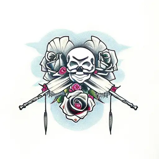 skull and roses and 2 drumsticks tattoo design idea