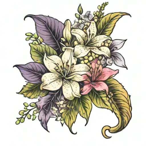 Lily, lilac, hydrangea, rose, hibiscus, baby's breath flowers tattoo design idea