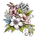 Lily, lilac, hydrangea, rose, hibiscus, baby's breath flowers tattoo design idea