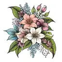 Lily, lilac, hydrangea, rose, hibiscus, baby's breath flowers tattoo design idea