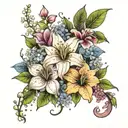 Lily, lilac, hydrangea, rose, hibiscus, baby's breath flowers tattoo design idea