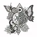Combine symbols representing different K-pop groups in a cohesive and artistic way tattoo design idea