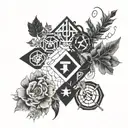 Combine symbols representing different K-pop groups in a cohesive and artistic way tattoo design idea