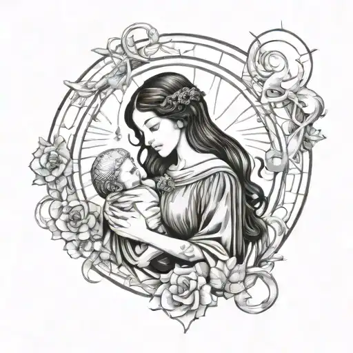 A celestial scene featuring the Virgo sign as a beautiful maiden holding the Cancer sign as a baby tattoo design idea