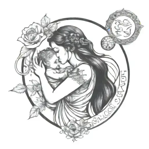 A celestial scene featuring the Virgo sign as a beautiful maiden holding the Cancer sign as a baby tattoo design idea