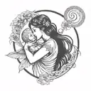 A celestial scene featuring the Virgo sign as a beautiful maiden holding the Cancer sign as a baby tattoo design idea