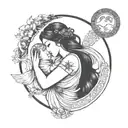 A celestial scene featuring the Virgo sign as a beautiful maiden holding the Cancer sign as a baby tattoo design idea