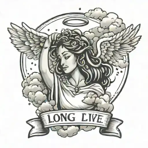 angel on top of my forearm with the words long live clay under the angel with clouds all around it  tattoo design idea