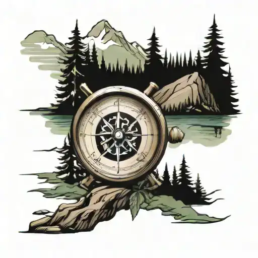 compass wind rose mountains forest road tattoo design idea