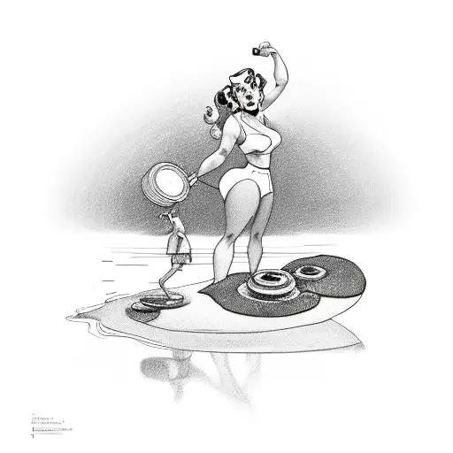 pin up girl with strong man weight standing on lily pad tattoo design idea