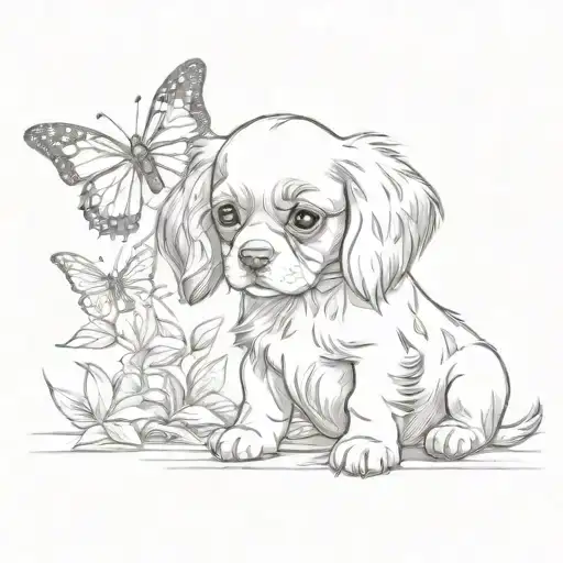 cavalier puppy watching butterflies tattoo design idea