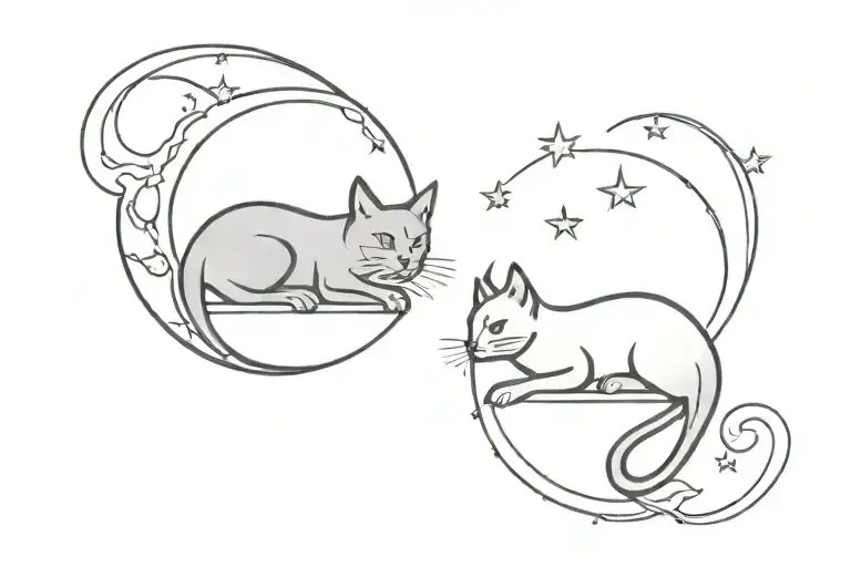 2 black cats sitting on a aqua & gold crescent moon tattoo design idea