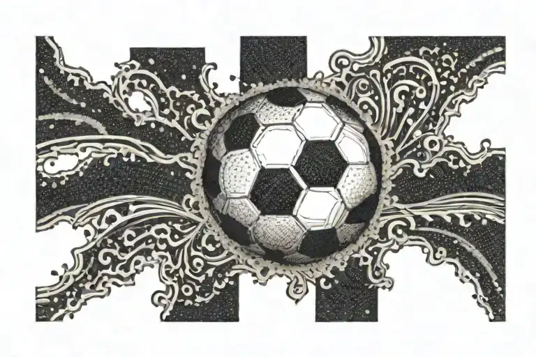 An intricate dotwork design of a soccer ball floating on water with waves forming the shape of a cross tattoo design idea