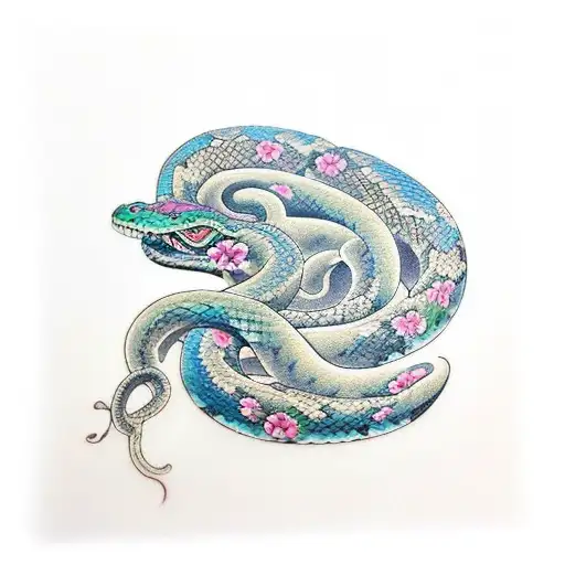 snakeskin and flowers tattoo design idea