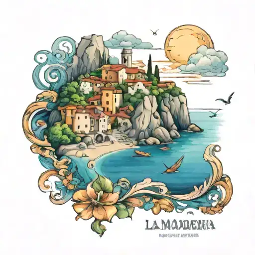 A beautiful seascape tattoo of La Maddalena, Italy, capturing the essence of your favorite place and memories, with vibrant colors and intricate details tattoo design idea