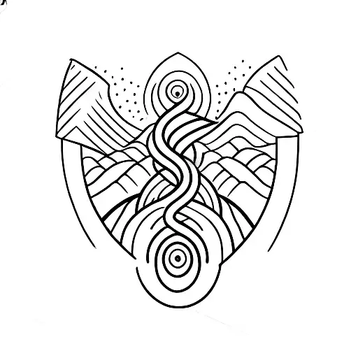 cross, wave outline, mountain outline tattoo design idea
