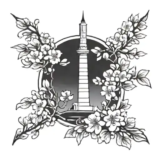 A stylized blackwork tattoo of the Washington Monument intertwined with cherry blossoms tattoo design idea