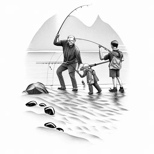 Grandfather, Dad, and son fishing in the woods tattoo design idea