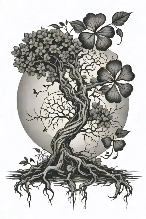 poision tree with roots and a full moon and a 5 leaf clover and also add the initilas JMA tattoo design idea