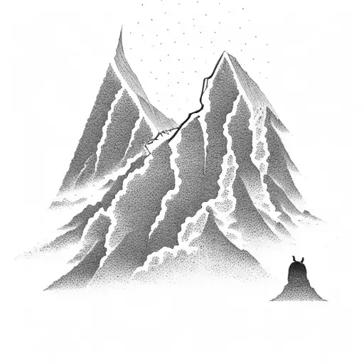 A dotwork tattoo featuring a silhouette of a climber reaching the summit of a towering mountain tattoo design idea