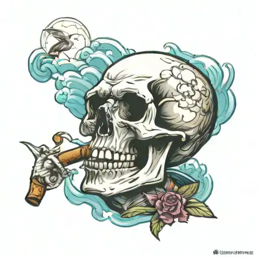 skull and sea gull smoking cigar tattoo design idea