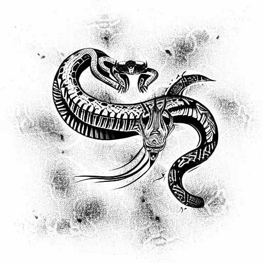 Snake, Cobra wrapped around arm large scales red eyes evil mouth open fangs drip tattoo design idea