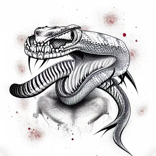 Snake, Cobra wrapped around arm large scales red eyes evil mouth open fangs drip tattoo design idea
