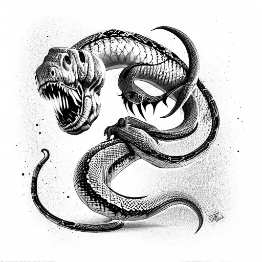 Snake, Cobra wrapped around arm large scales red eyes evil mouth open fangs drip tattoo design idea